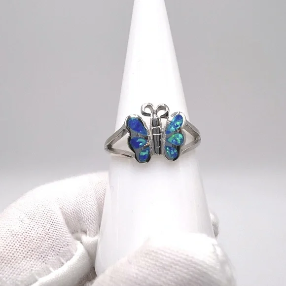 Sale $18 Firm! .925 Sterling Silver Lab Created Blue Opal Butterfly Ring - Picture 10 of 14
